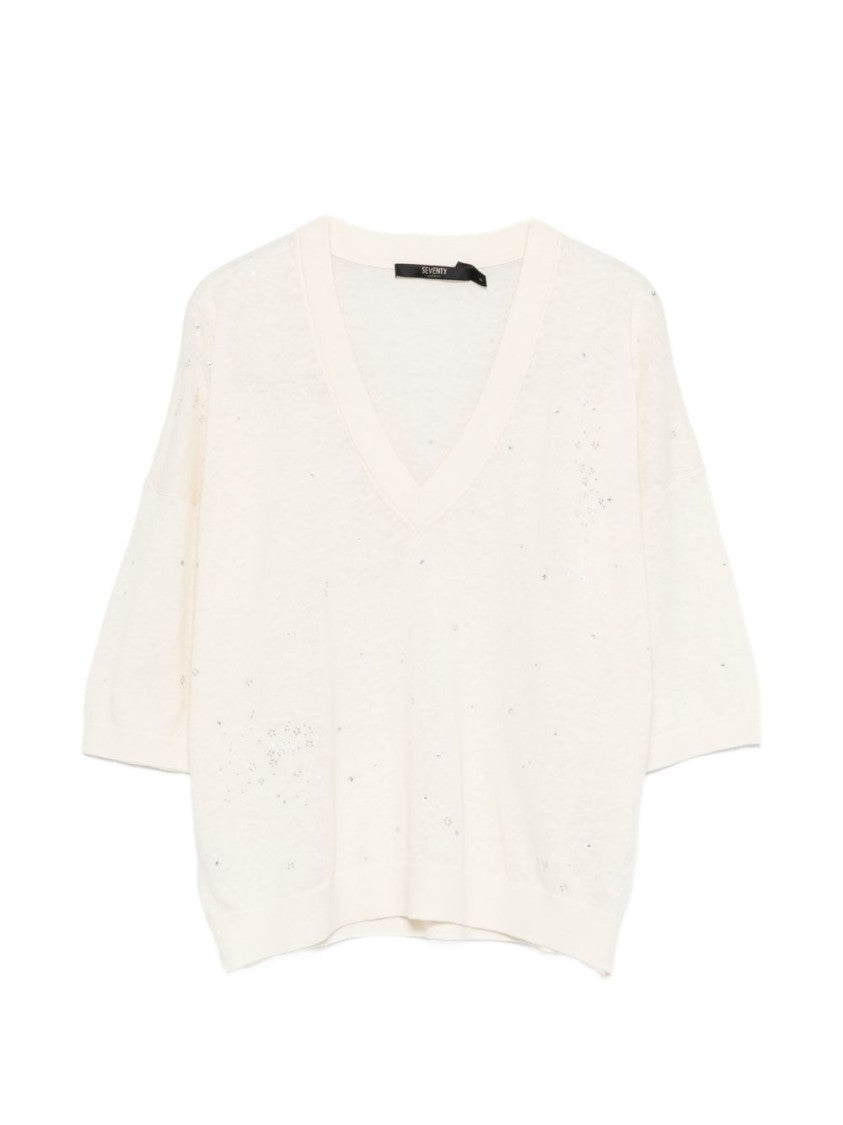 Seventy Sergio Tegon Relaxed Fit Cream Sweater With V-Neckline