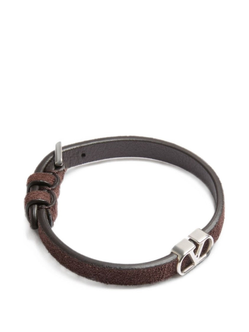 Valentino Garavani Brown Textured Suede Silver Emblem Bracelet