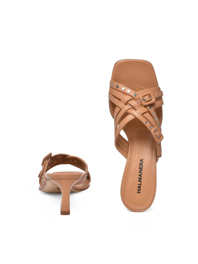 Halmanera Beige Metallic Studded Leather Mule Sandals