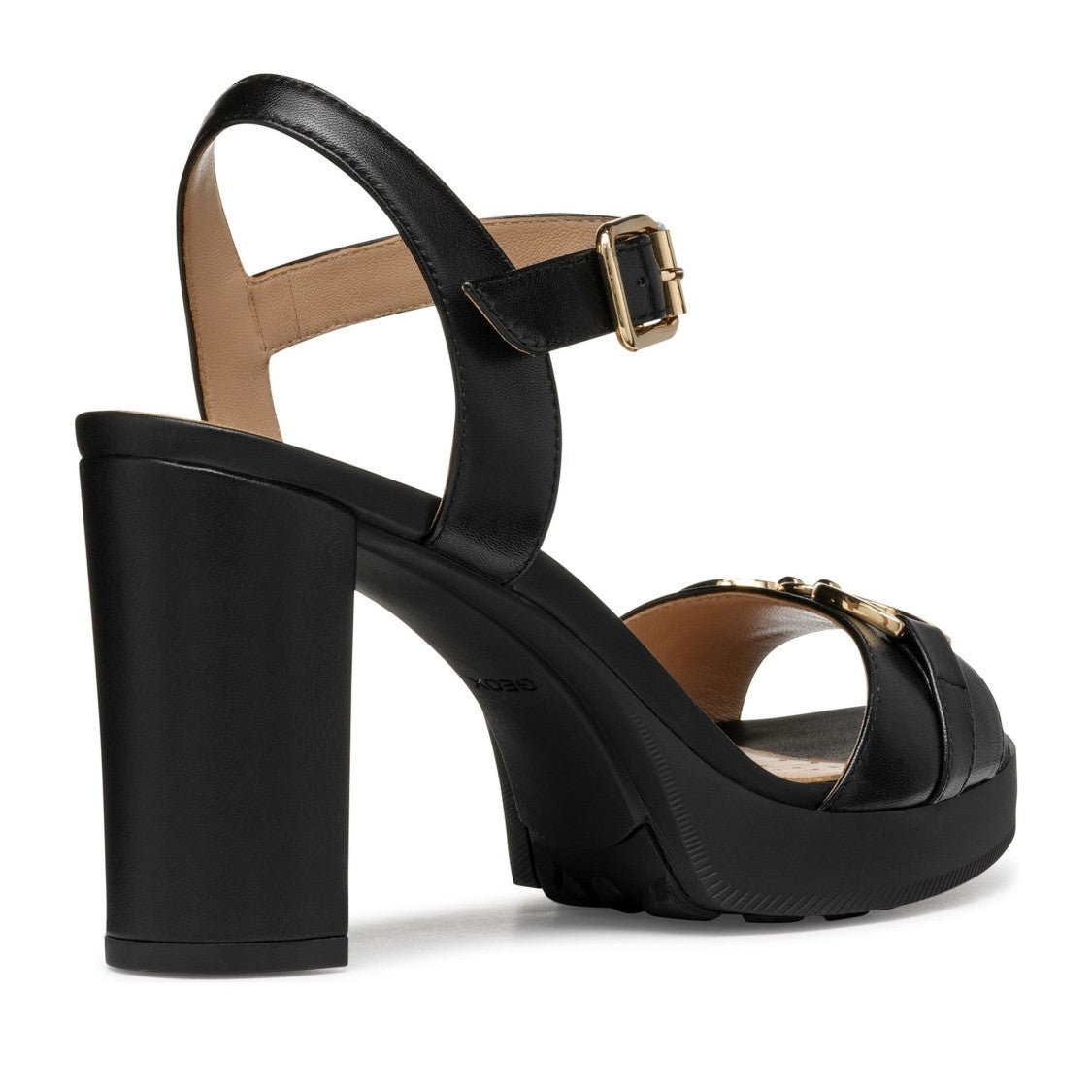 Geox Walk Pleasure Black Block Heel Leather Sandals