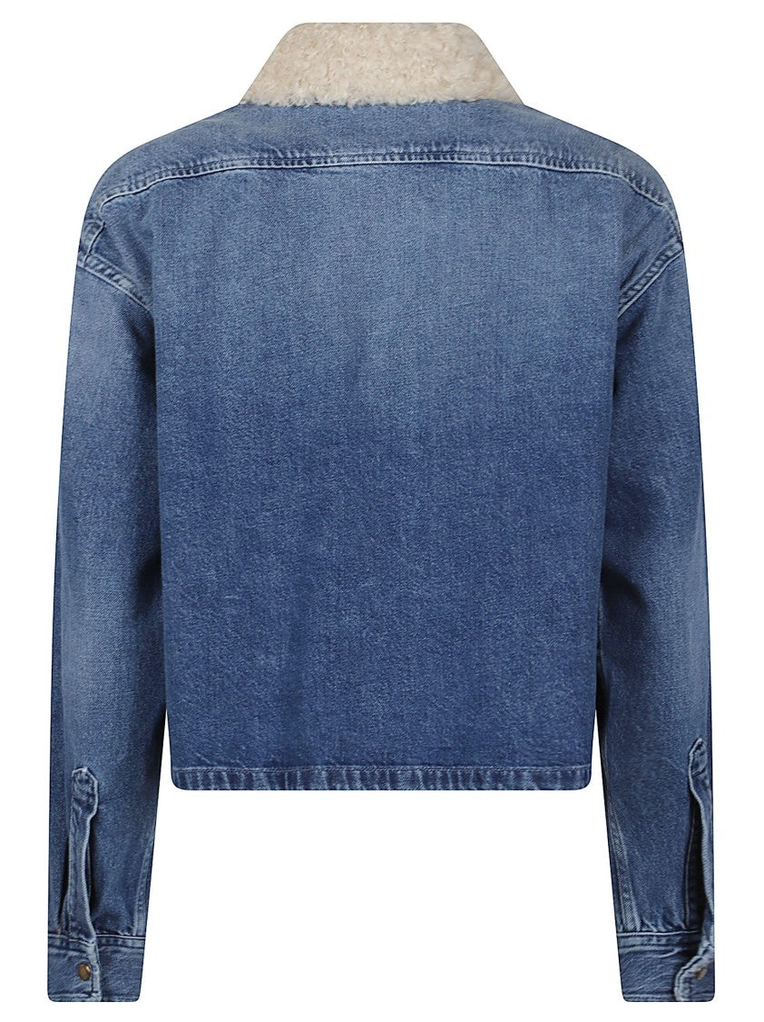 Moncler Cropped Denim Shearling Collar Shirt Jacket