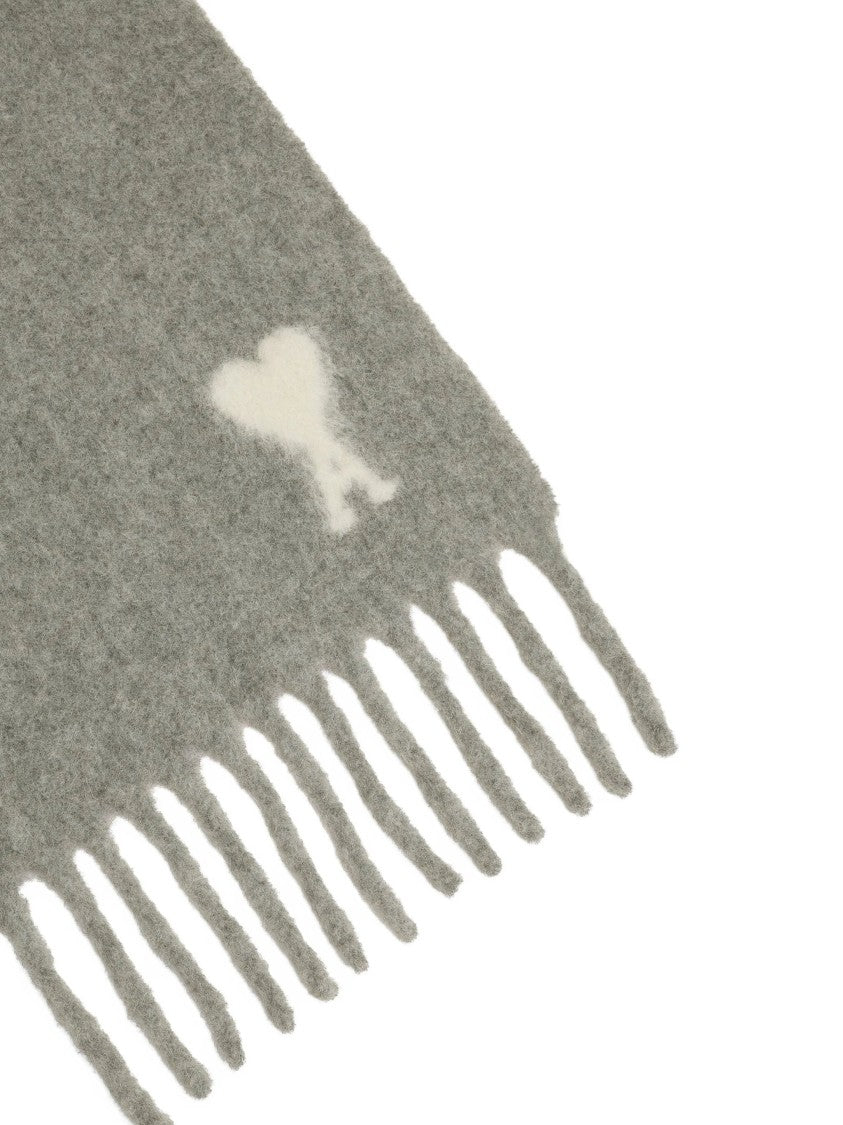 Ami Fringed Grey Scarf With Motif