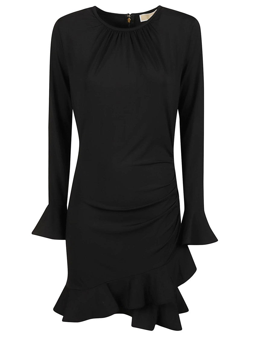 Michael Kors Rushed Fitted Ruffled Hem Ruched Mini Dress