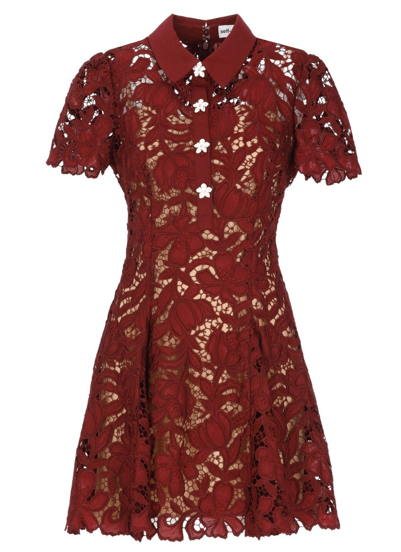 Self-Portrait Bordeaux Floral Lace Mini Dress With Collared Neckline