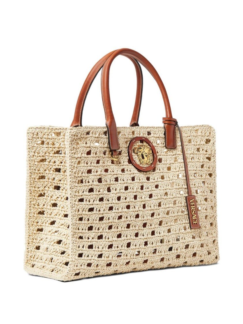 Versace Beige Woven Gold-Tone Tote Bag
