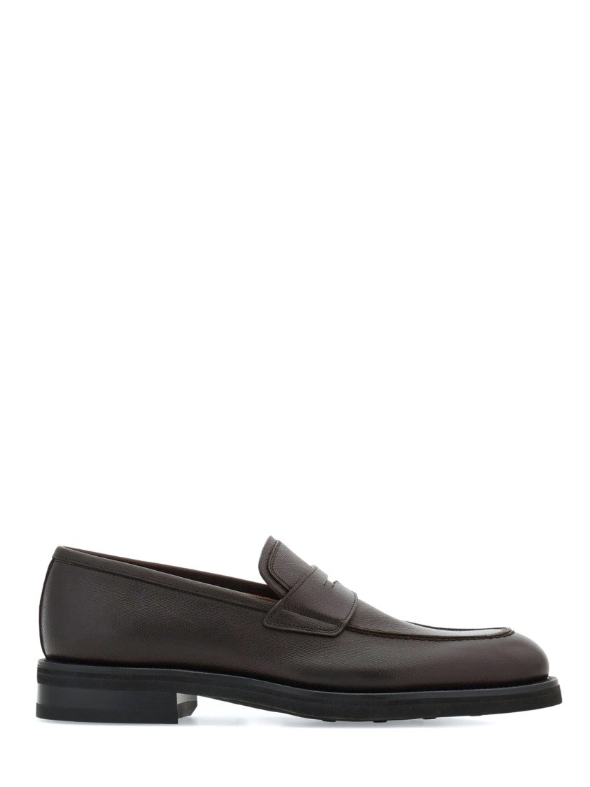 Ferragamo Brown Leather Penny Loafers With Low Stacked Heel
