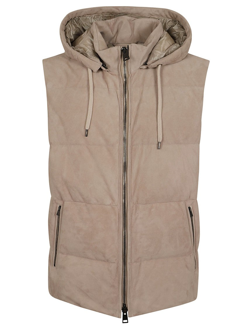 Herno Sleeveless Suede Down Jacket With Drawstring Hood