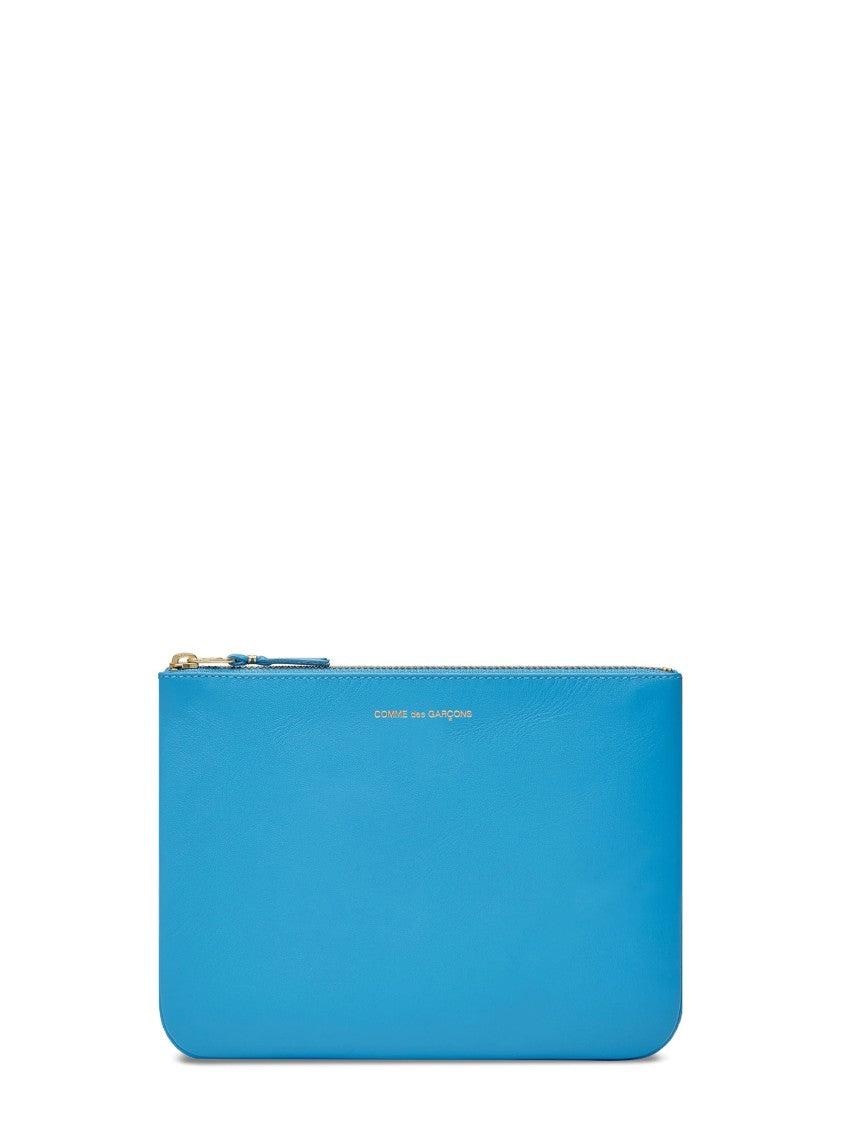 Comme Des Garçons Rectangular Blue Leather Wallet With Zip Closure