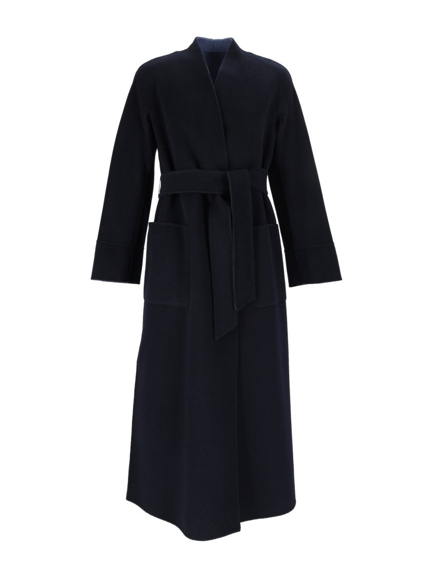 Max Mara Blue Nodo Collarless Belted Long Coat
