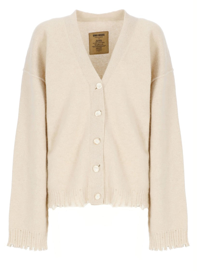 Uma Wang Beige Cashmere Cardigan With V-Neck And Ribbed Trims