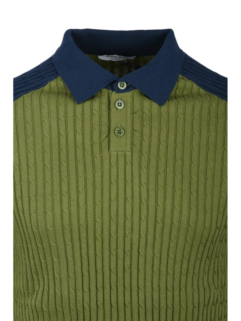 Wool & Co Blue Green Textured Knit Polo Shirt