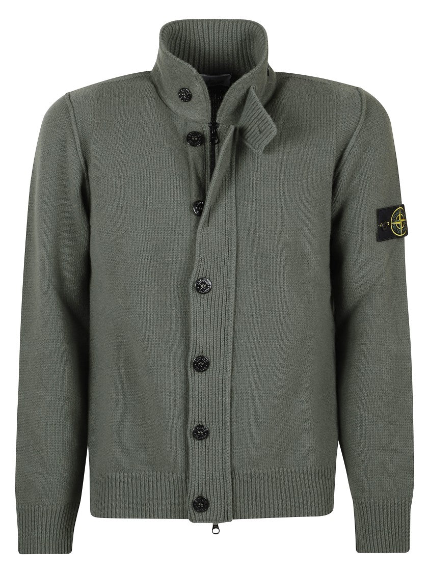 Stone Island Textured Knit Sweater With High Collar And Buttoned Front