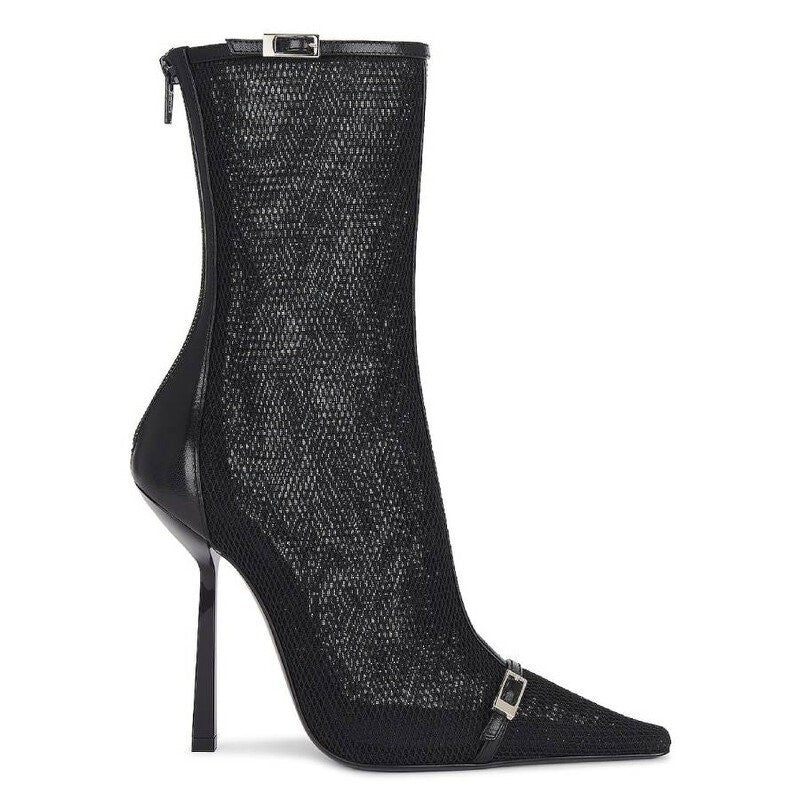 Saint Laurent Black Mesh-Leather Pointed-Toe Booties