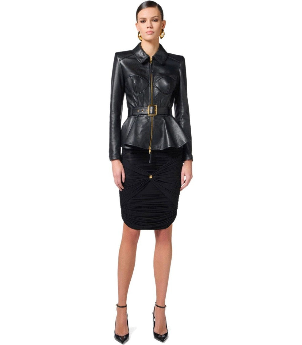 Elisabetta Franchi Black Leather Belted Jacket
