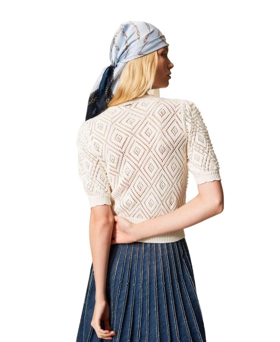 Twin-Set Cotton Punched Diamond Pearl Accent Short-Sleeved Top