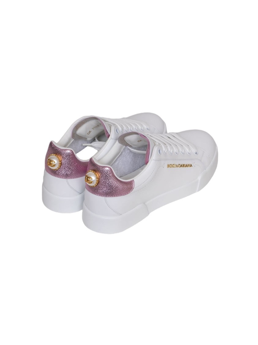 Dolce & Gabbana White Pink Leather Low-Top Sneakers