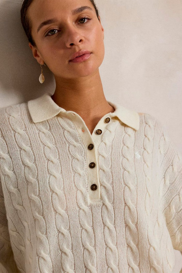 Polo Ralph Lauren Cream Wool-Cashmere Blend Cable-Knit Polo Sweater