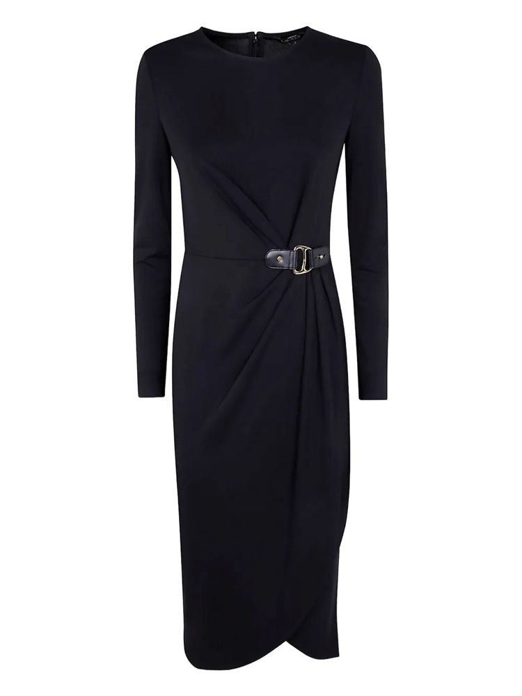Lauren Ralph Lauren Fitted Black Midi Dress With Draped Front And Decorative Belt