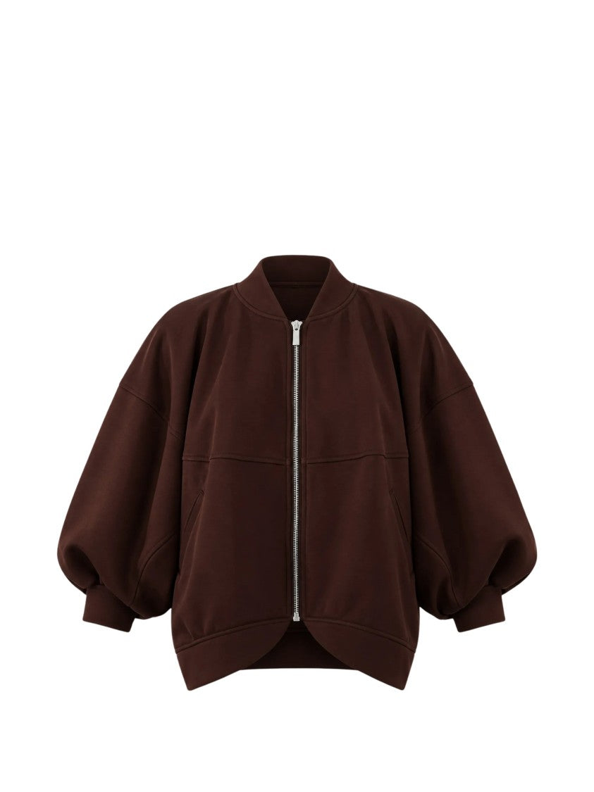 Meimeij Brown Polyester-Blend Puffed-Sleeve Bomber Jacket