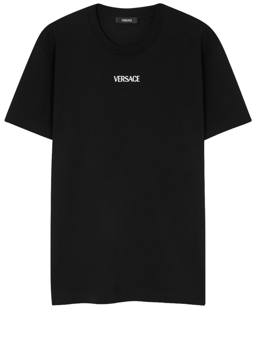 Versace Minimalist Black Cotton T-Shirt With Contrasting Logo