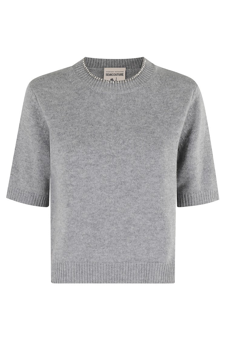 Semi Couture Rhinestone-Neckline Short Sleeve Sweater