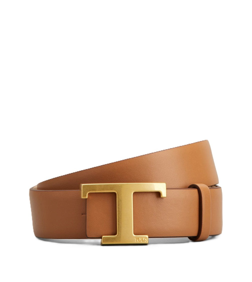Tod's Brown Leather Belt With Gold-Tone T-Shaped Buckle