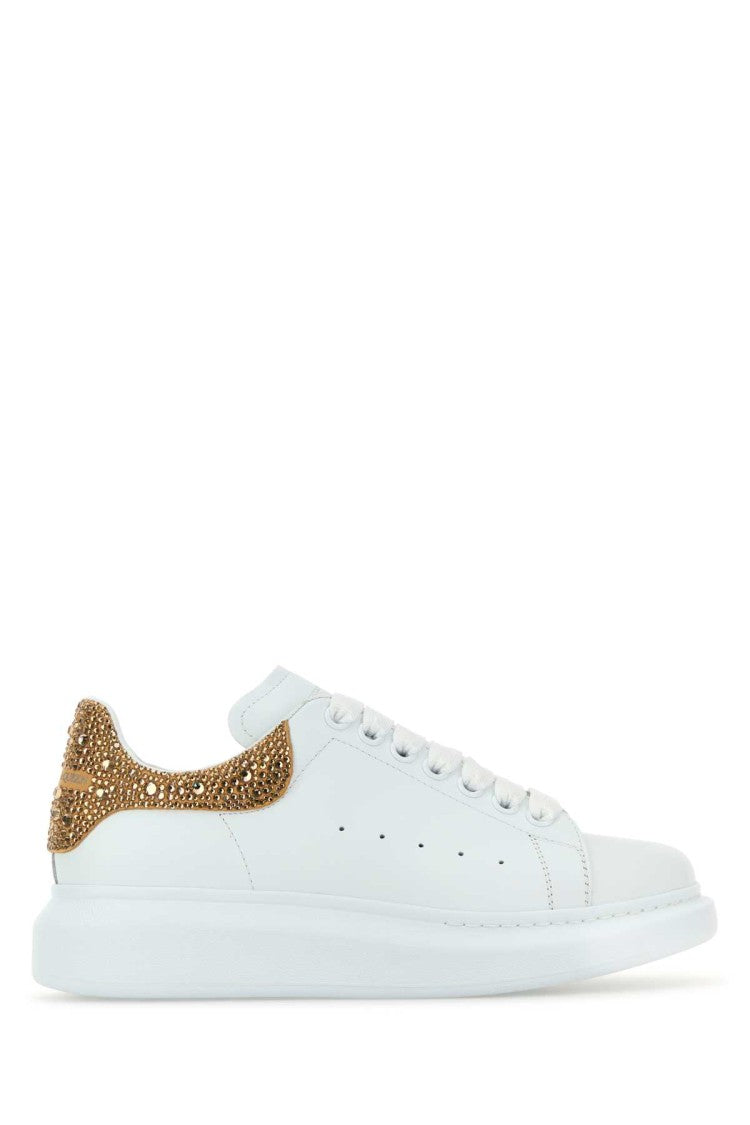 Alexander Mcqueen White Leather Sneakers With Embellished Suede Heel