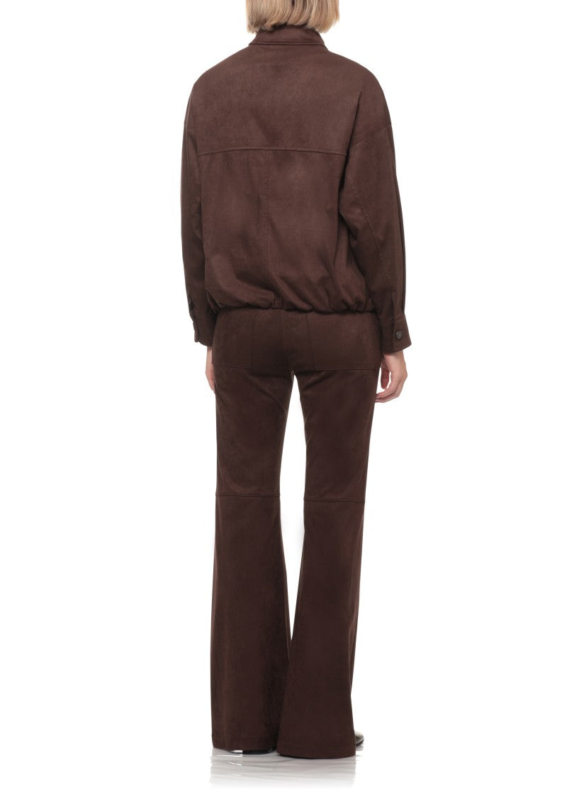 D. Exterior Brown Synthetic Leather Zip Bomber Jacket