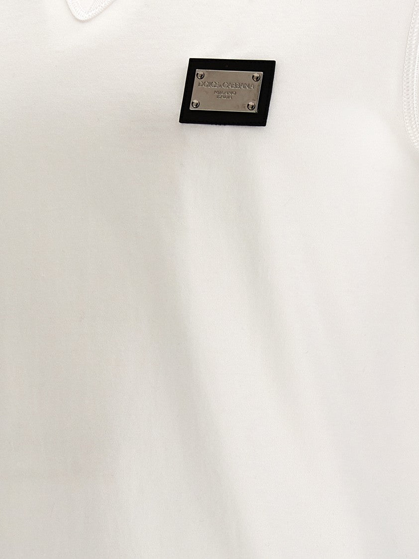 Dolce & Gabbana V-Neck White Cotton T-Shirt With Logo Plaque
