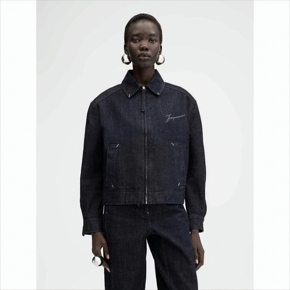 Jacquemus Dark Indigo Denim Jacket With Front Zipper And Logo