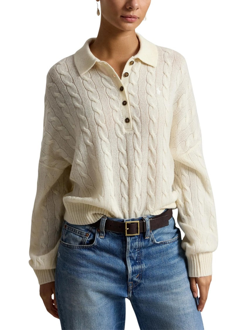 Polo Ralph Lauren Cropped Cable Knit Sweater With Polo Collar And Ribbed Cuffs