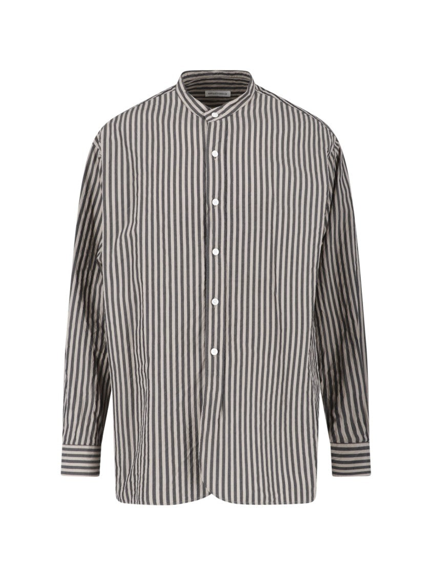Kaptain Sunshine Brown Striped Cotton Band Collar Shirt