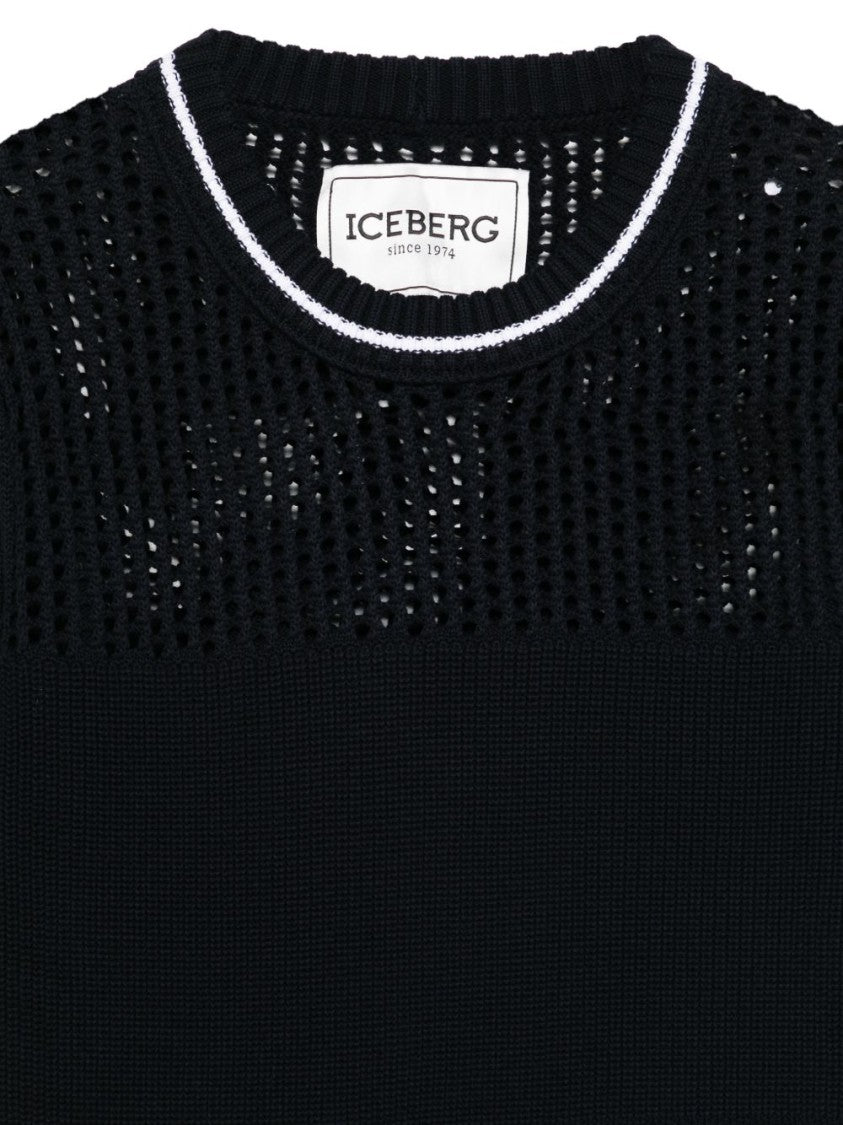 Iceberg Black Openwork Knit Crew Neck Sweater