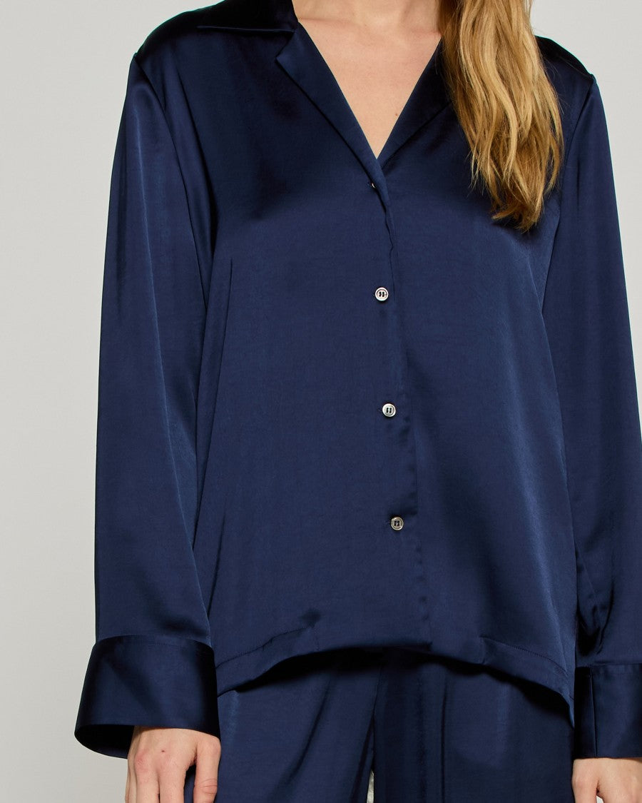 Serena Bute Satin Revere Collar Shirt - Dark Navy
