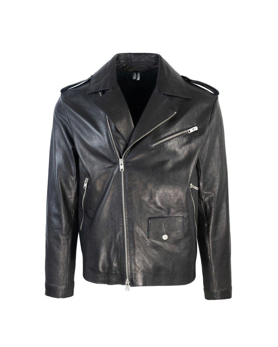 D-Four Black Leather Biker Jacket
