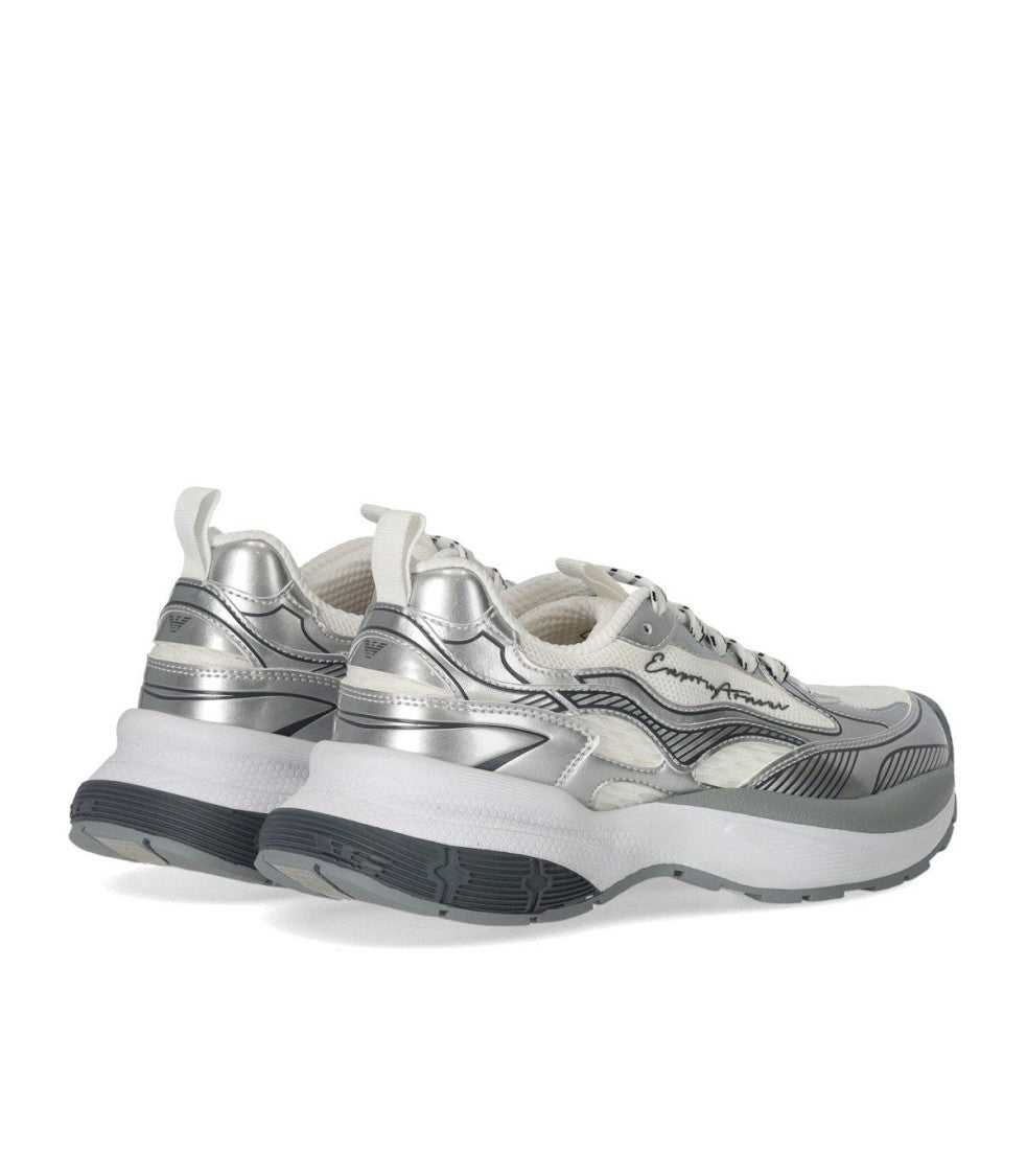 Emporio Armani Laminated Faux Leather And Mesh Silver Sneaker