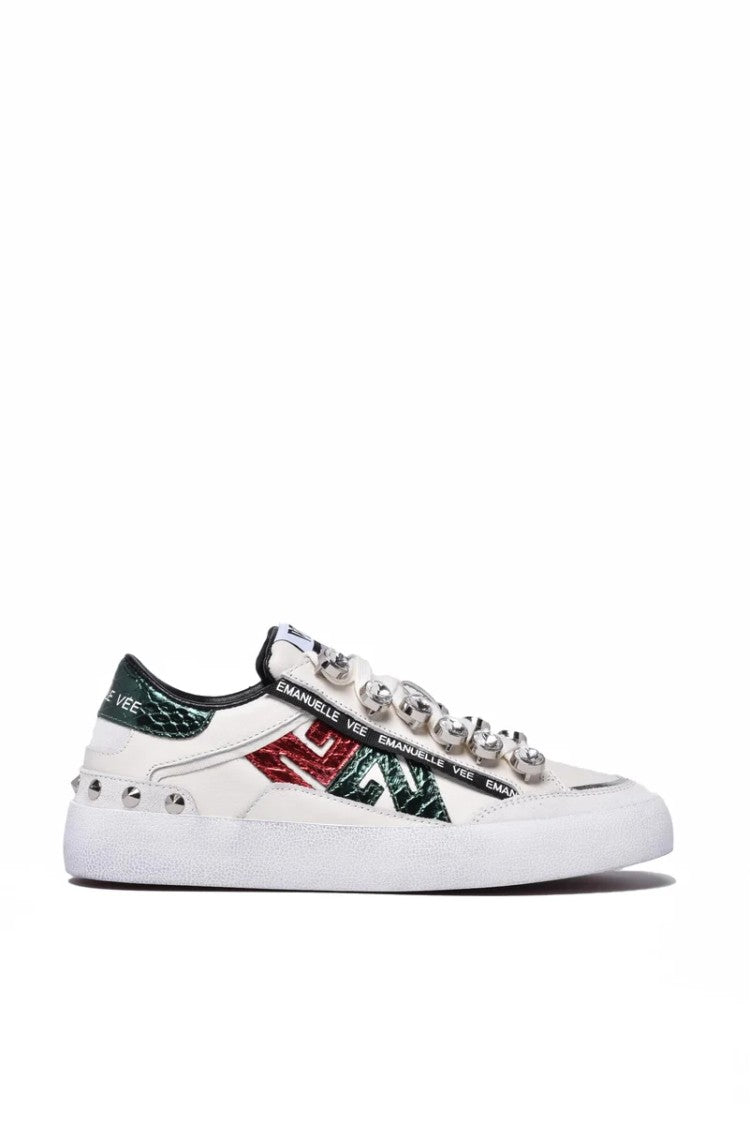 Emanuélle Vee White/Green Leather Rubber Sole Sneakers