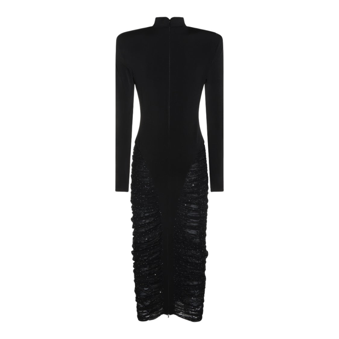 Nissa High-Neck Ruched Lace Panel Midi Dress