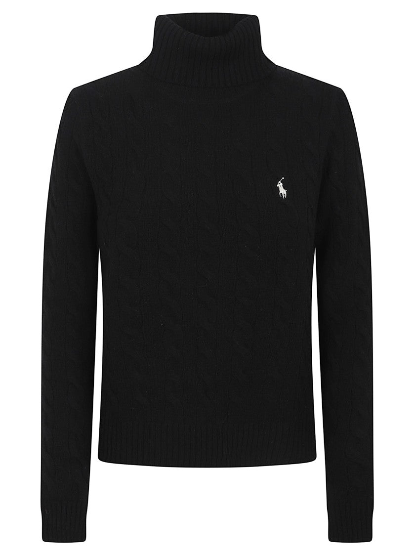 Polo Ralph Lauren Black Cashmere-Wool Blend High Collar Cable Knit Sweater