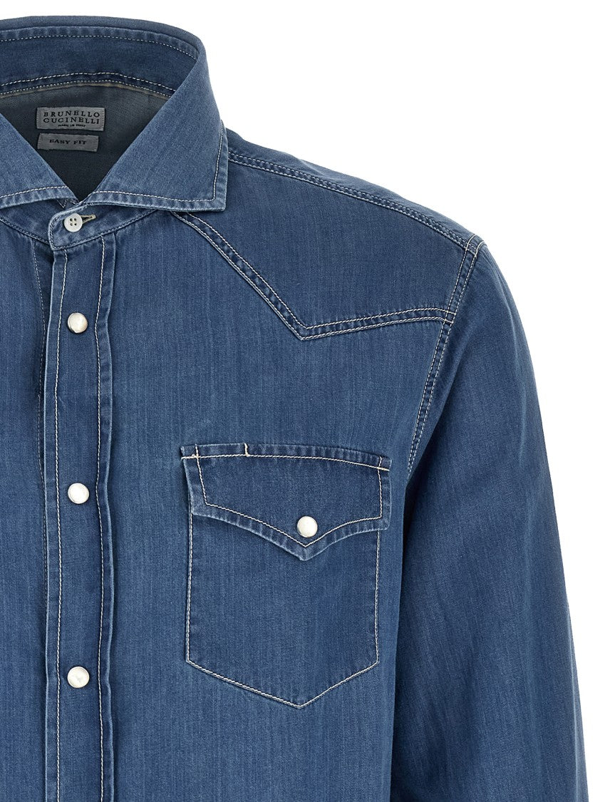 Brunello Cucinelli Texan Cotton Denim Shirt With Button Closure And Cuffed Sleeves