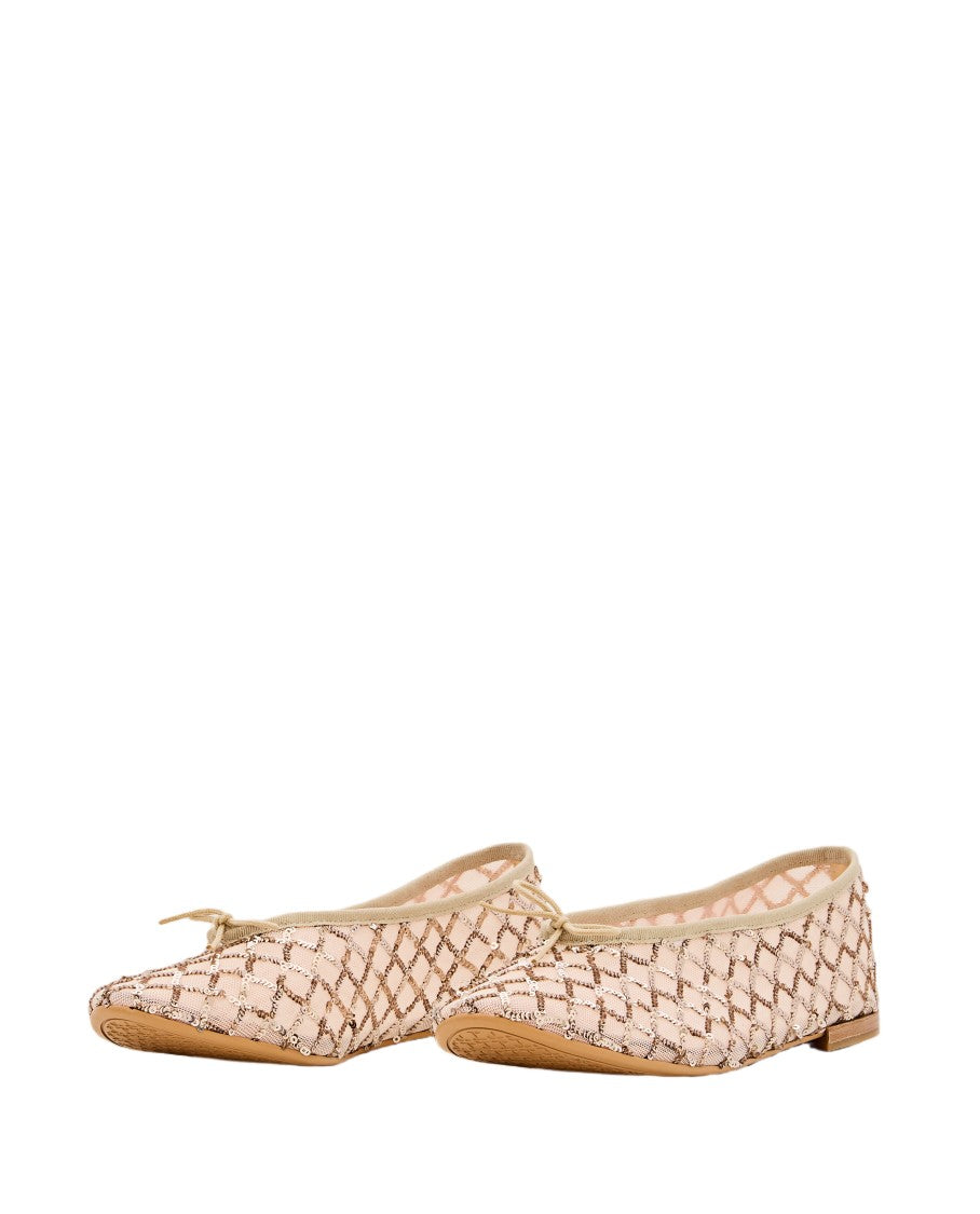 Repetto Light Gold Ballet Flats With Sequin Grid Design