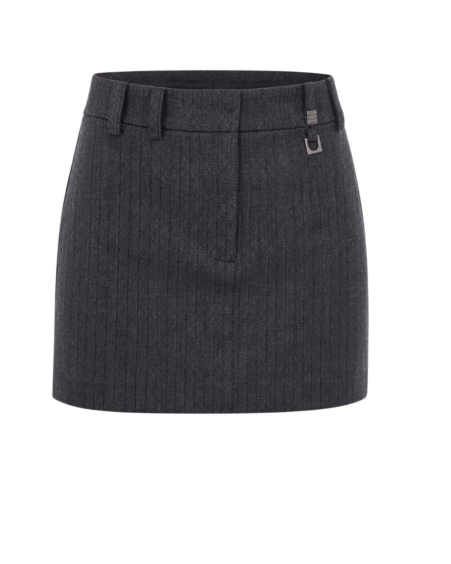 Patrizia Pepe Fitted Mini Skirt In Grey Herringbone With Metal Logo Charm