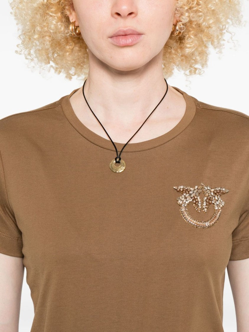 Pinko Cropped Brown Cotton T-Shirt With Decorative Emblem