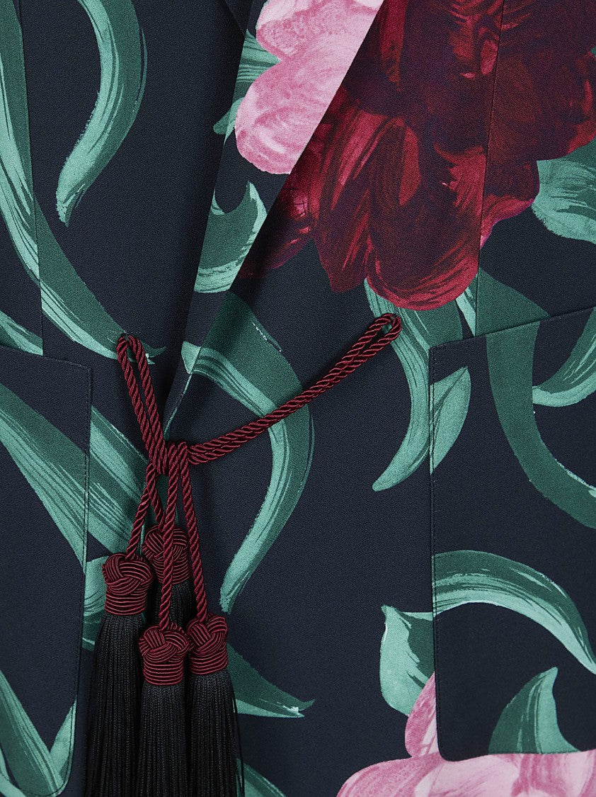 La Double J Full-Length Satin Duster Coat With Bold Peony Print