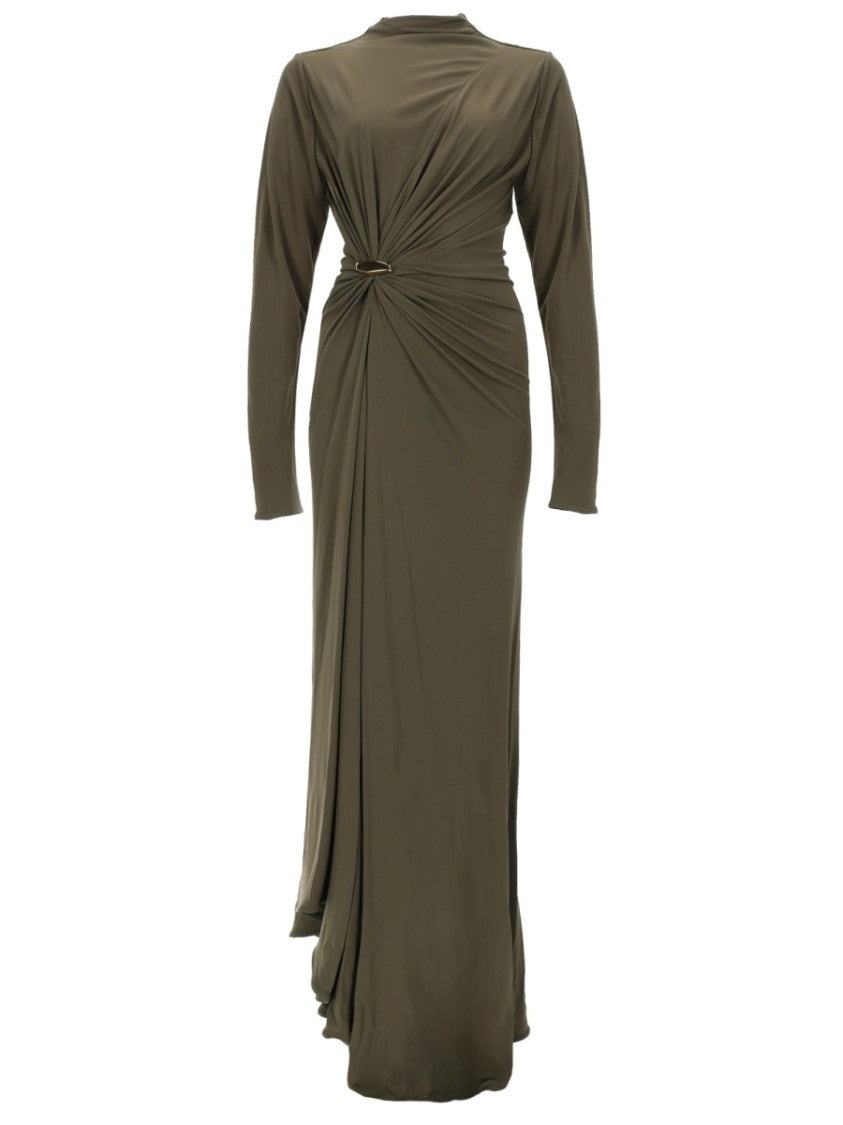 Bottega Veneta Draped Green Maxi Dress With Decorative Pin