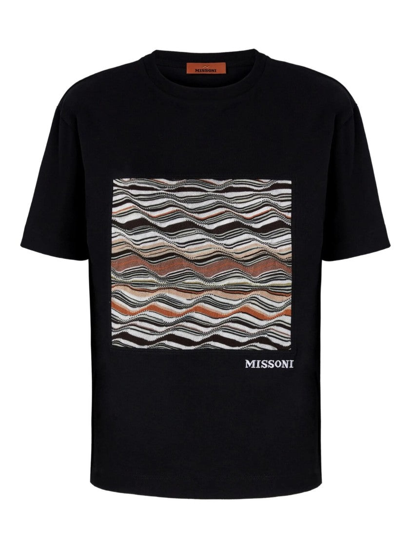 Missoni Black Cotton Jersey T-Shirt With Wave-Patterned Knit Insert