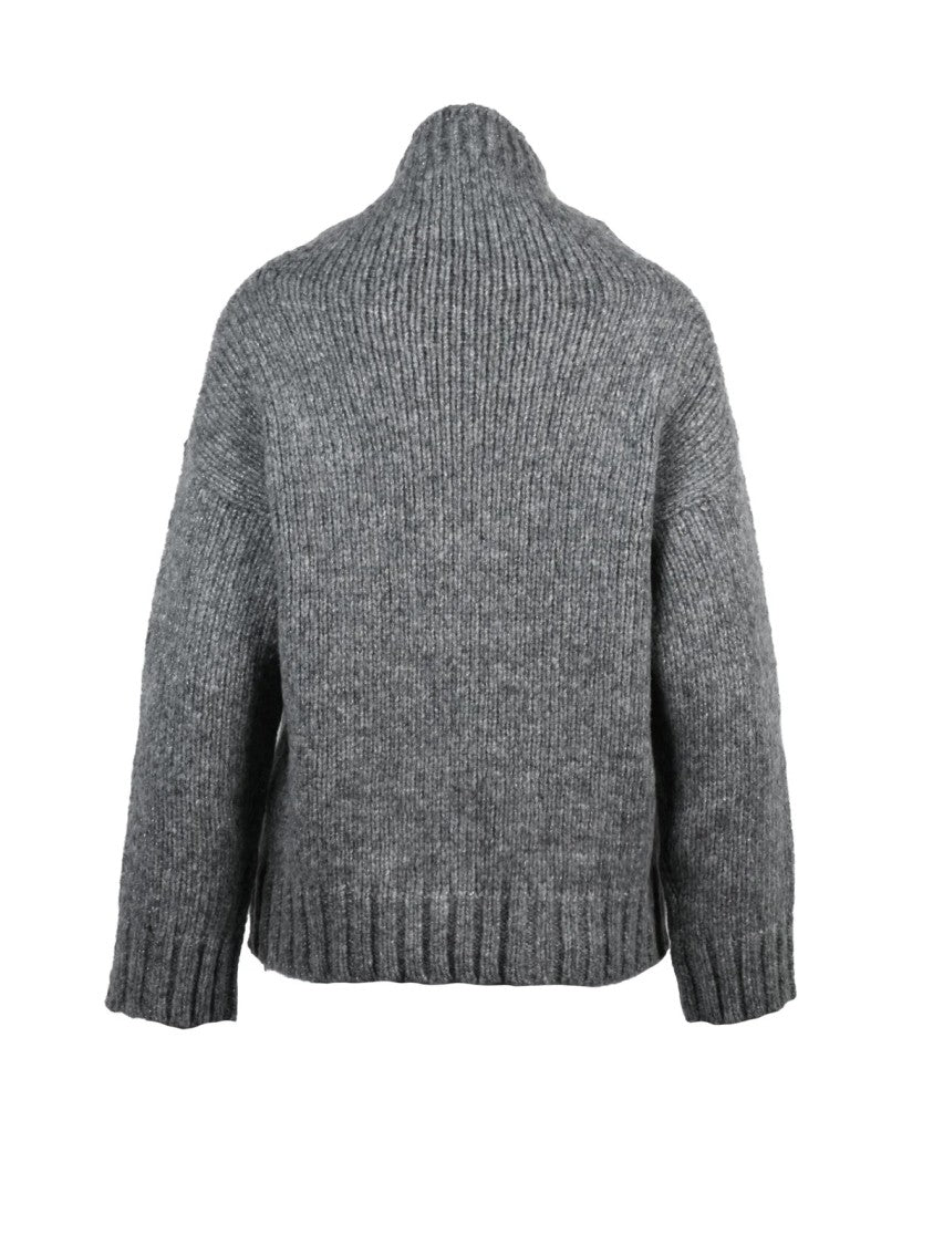 Alpha Studio High Neck Sweater With Ribbed Knit Texture And Lamé Details