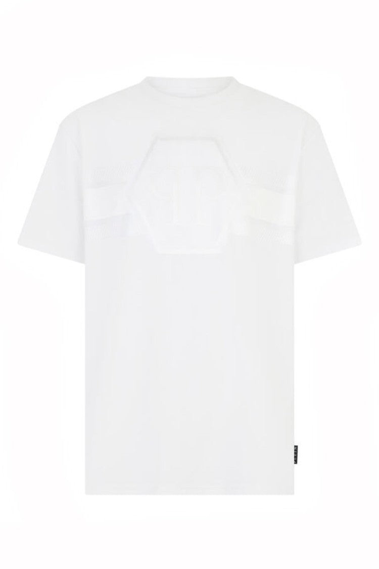 Philipp Plein White Tonal Jacquard Hexagon Line Cotton-Blend T-Shirt