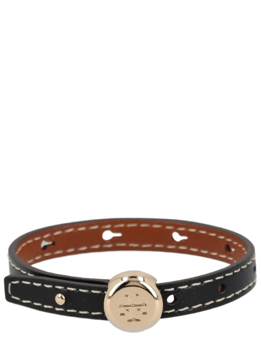 Tory Burch Slim Black Leather Gold-Tone Clasp Bracelet