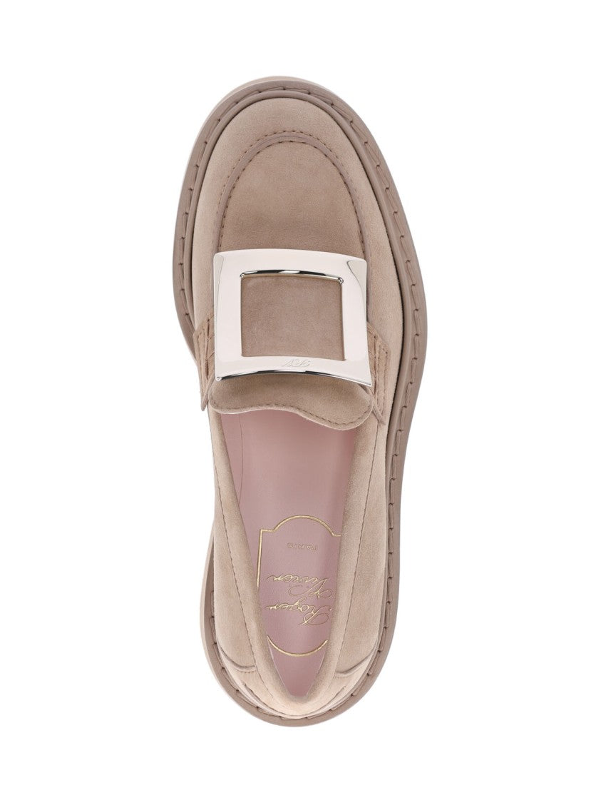 Roger Vivier Suede Beige Slip-On Moccasins With Silver Buckle Detail
